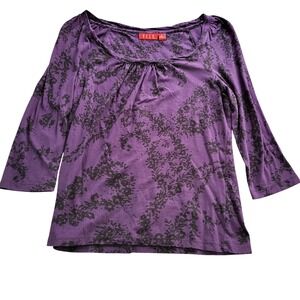 ELLE Womens Purple Black Floral Print 3/4 Sleeve Scoop Neck Top Size M
